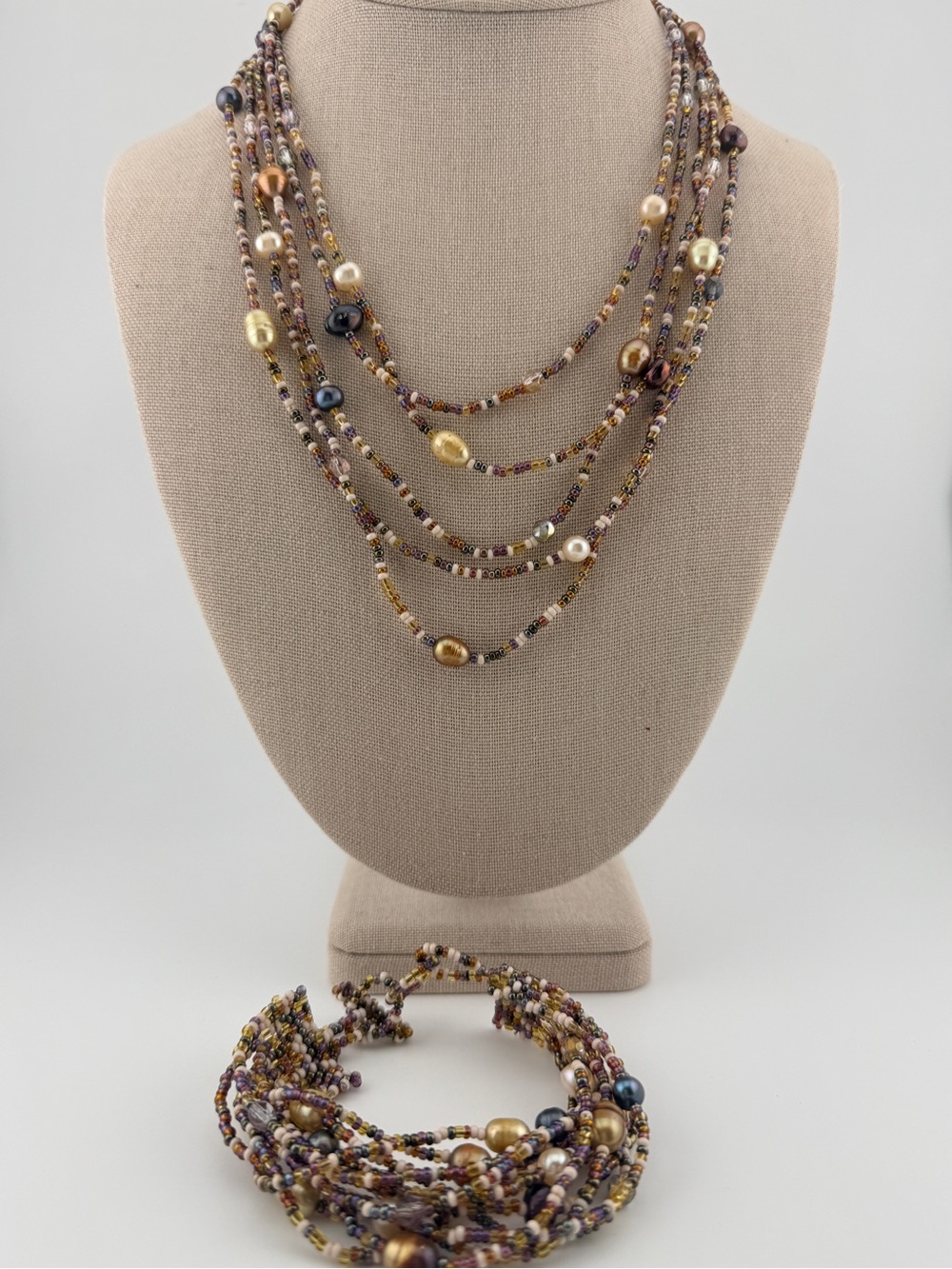 Multi-Strand Seed Bead & Pearl Necklace & Bracelet Set